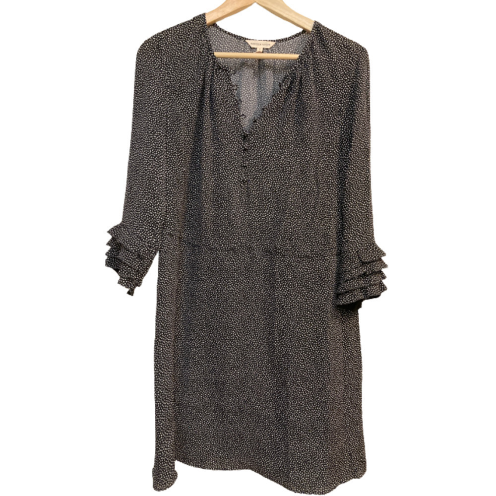 REBECCA TAYLOR oversized black silk polkadot dress black white ruffled slv sz 0